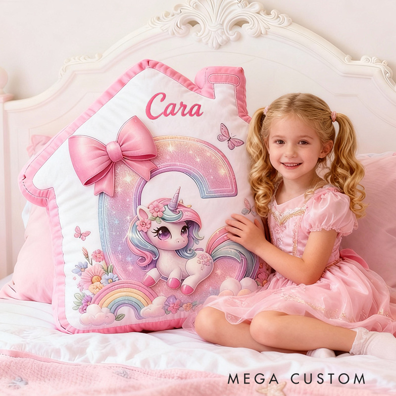Personalized Unicorn Pillow Pink House-Shaped 26 Letters Custom Name Design Perfect for Girl's Bedroom Decor and Gift Idea Graphic 3D Print