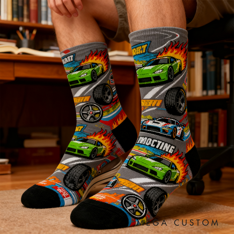 Personalized Racing Themed Socks Custom Name Funny Cotton Gift for Motorsport Fans Racing Socks Gift