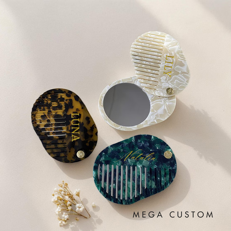 Personalized Name Comb with Mirror Personalized Acetate Hair Comb Engraved Travel Compact Mirror for Travel Lovers