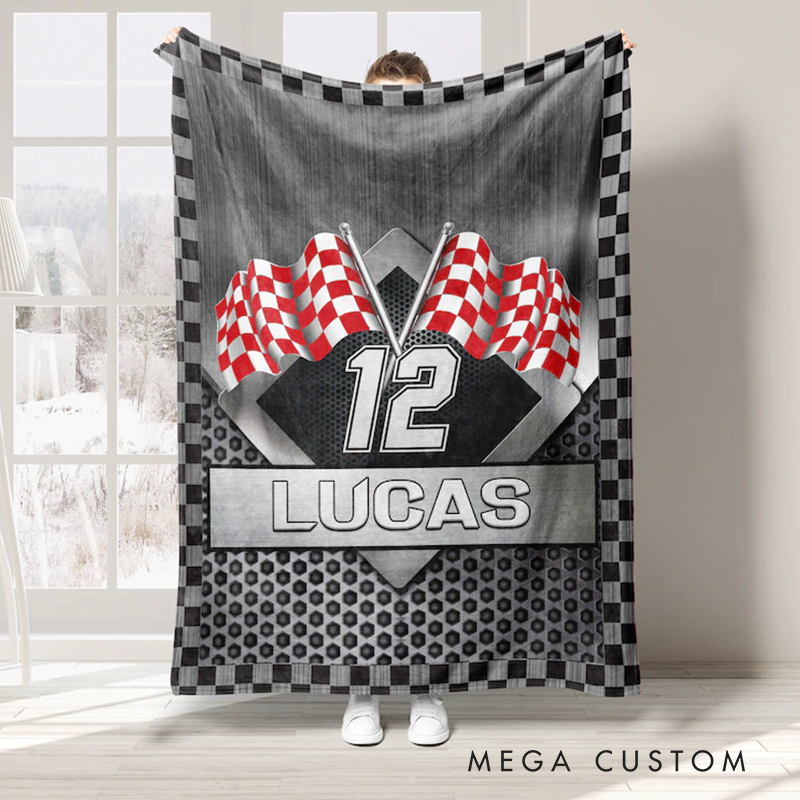 Personalized Racing Blanket Custom Name Number Soft Cozy Sherpa Fleece Throw Blankets Sport Gift