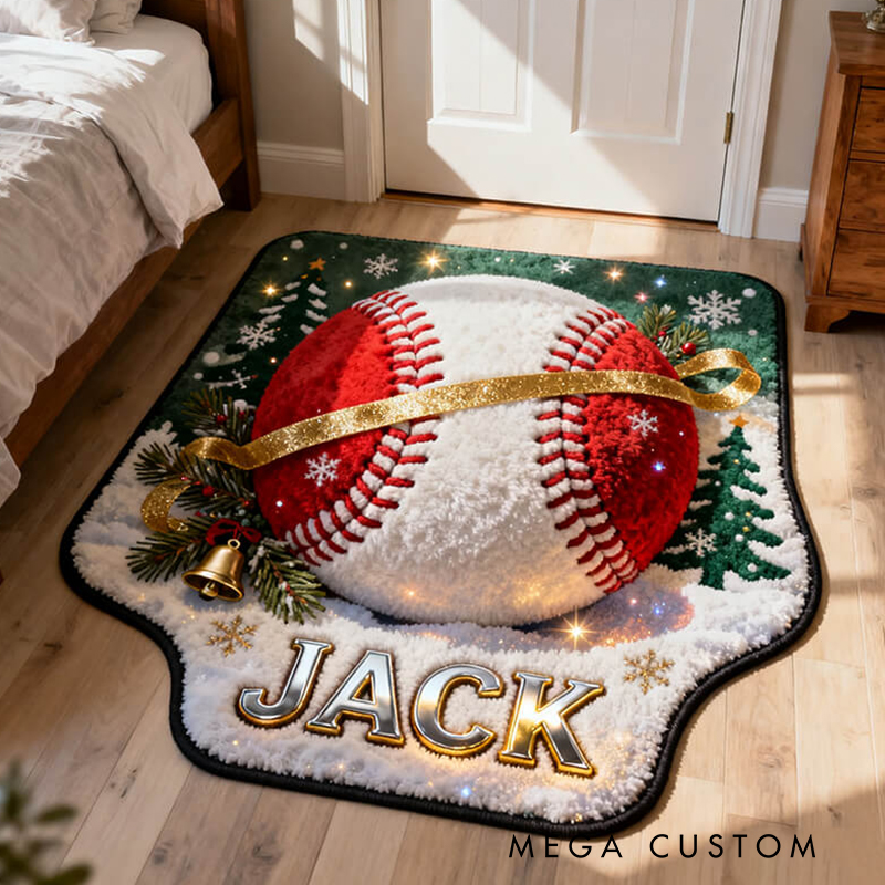Personalized Baseball Christmas Rug with Custom Name and Holiday Design for Sports Fans