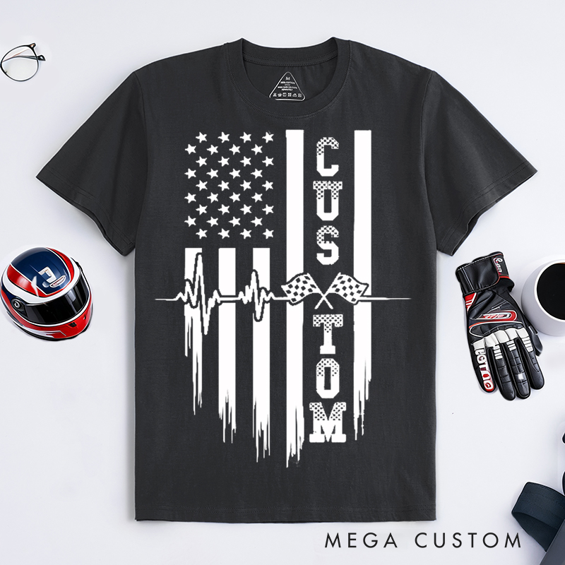 Personalized Racing T Shirt Custom Text Heartbeat Checkered Flag American Flag Tee for Racing and Car Lovers