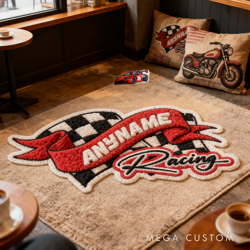 Personalized Racer Name With Flag Car Motorbike Rugs Custom Name Racer Speed Rugs Xmas Gift