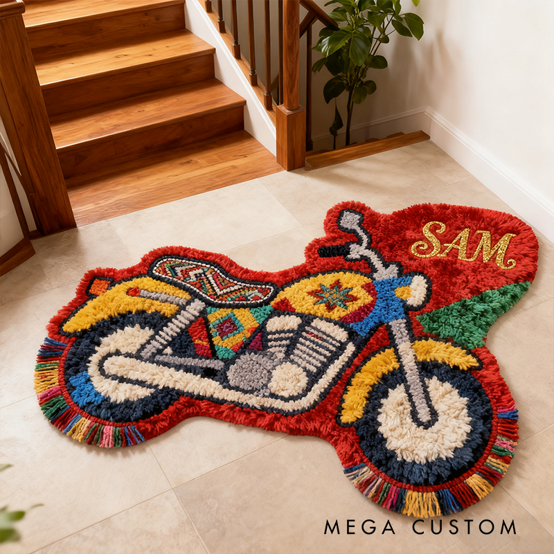 Personalized Motorcycle-Shaped Rug Custom Name Racer Speed Rugs Xmas Gift