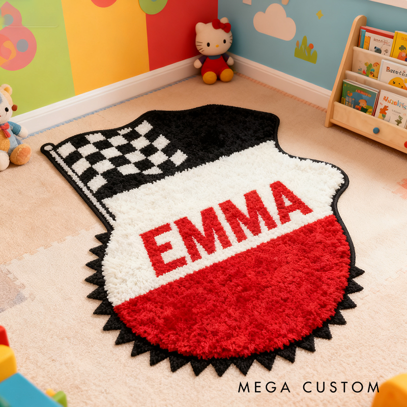 Personalized Racing Badge-Shaped Rug with Name Custom Name Racer Speed Rugs Xmas Gift
