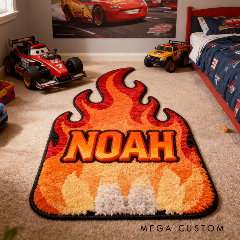 Personalized Flame Themed Rug with Name Custom Racer Speed Rugs Xmas Gift