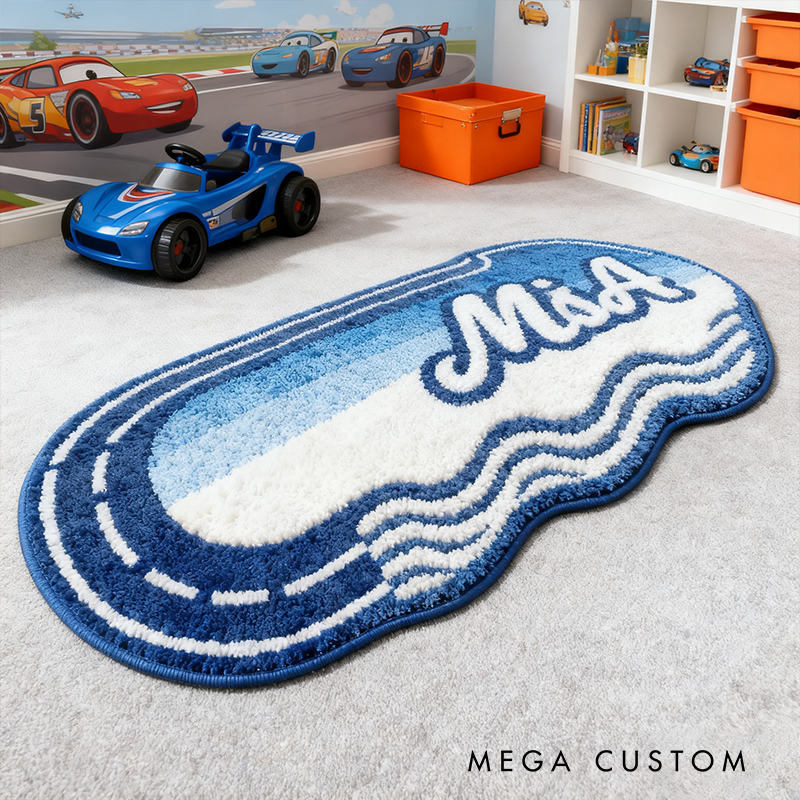 Personalized Blue Racetrack Rug with Name Custom Racer Speed Rugs Xmas Gift