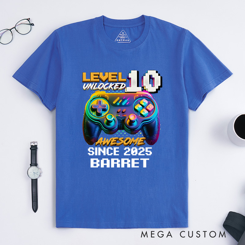 Personalized Level 10 Unlocked Shirt Funny Video Game Gamer T-Shirt for Teenager Boys and Girls Gift for Game Geek