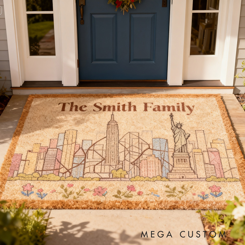 Personalized Cityscape Doormat New York City Skyline Custom Family Name Welcome Mat with Iconic Landmarks Durable Entryway Rug for Home Decor