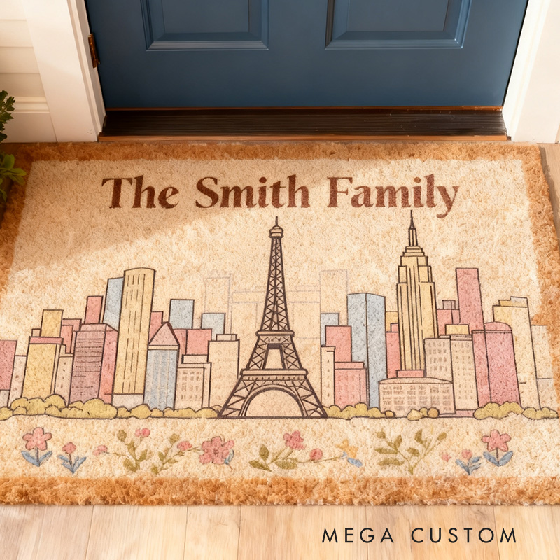 Personalized Family Doormat Custom Name Welcome Mat with Eiffel Tower Cityscape Durable Entryway Rug for Home Decor Front Door Outdoor Indoor Use