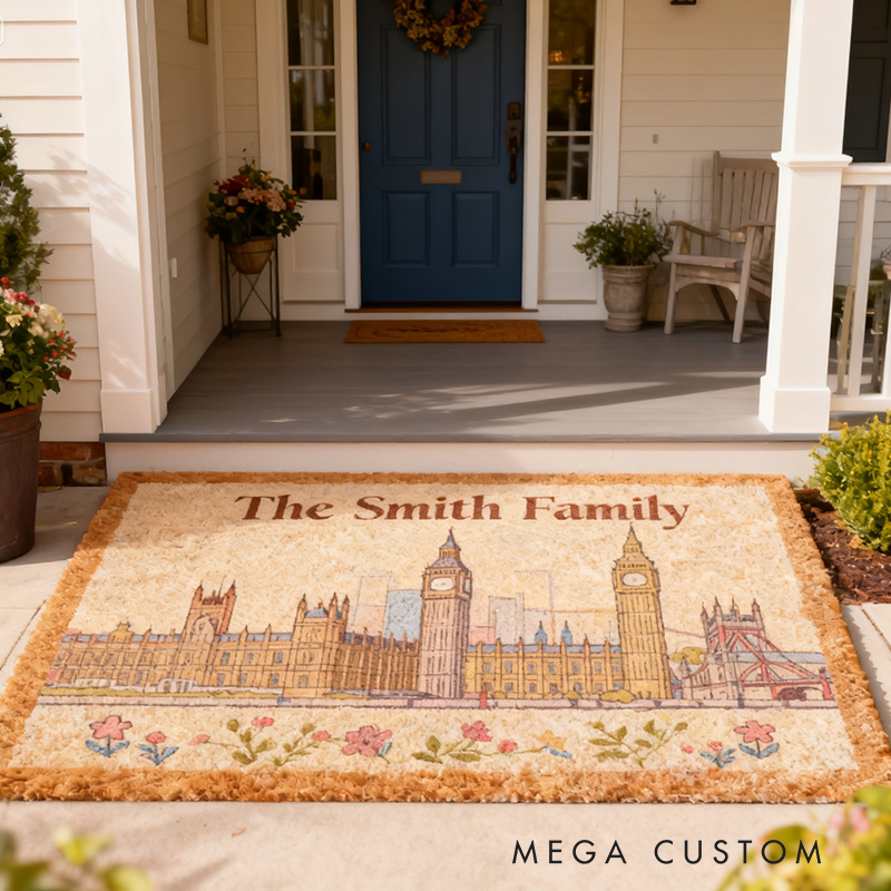 Personalized Family Doormat Custom Name Welcome Mat with London Skyline Durable Entryway Rug for Home Decor Front Door Outdoor Indoor Use