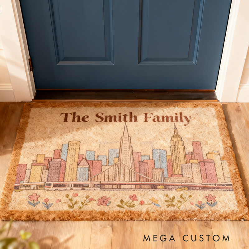 Personalized Family Doormat Custom Name Welcome Mat with San Francisco Skyline Entryway Rug for Home Decor Front Door Outdoor Indoor Use