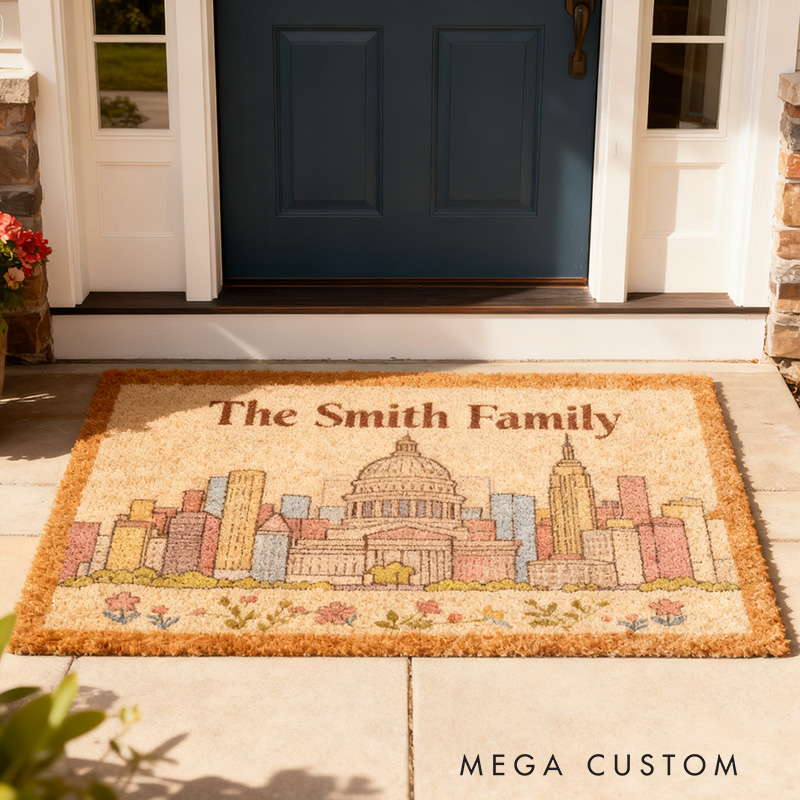 Personalized Family Doormat Custom Name Welcome Mat with Washington Skyline Line Durable Entryway Rug for Home Decor Front Door Outdoor Indoor Use