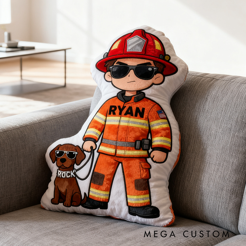 Personalized Firefighter and Dog Plush Pillow Custom Name Graphic 3D Print Pillow 