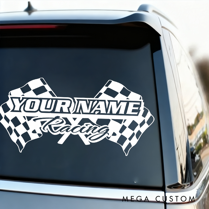 Personalized Racing Name with Checkered Flags Decal Sticker for Vehicles Custom Crew Car Decal Sticker