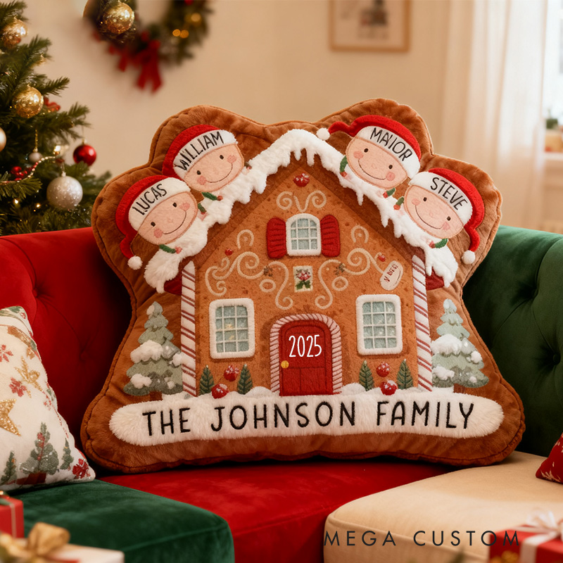 Personalized Gingerbread House Pillow Custom Family Name Holiday Decor Cushion with Festive Design Christmas Decoration for Living Room Christmas Gift