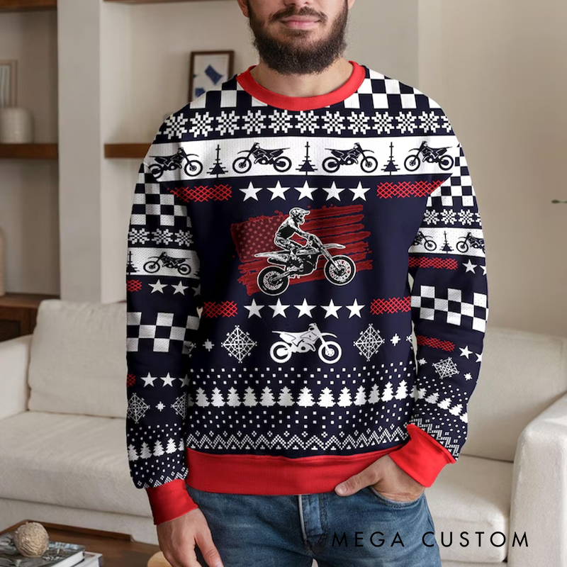 Personalized Motocross American Flag Christmas Ugly Sweatshirt Custom Name and Number Ugly Sweater Xmas Gift for  Motorcyclist