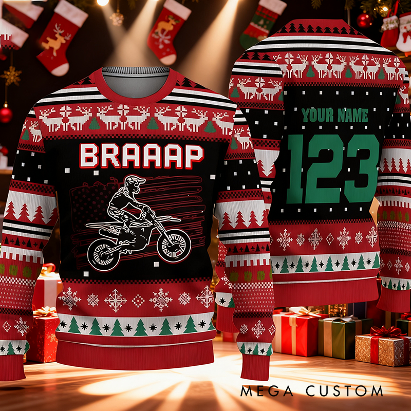 Personalized Motocross American Flag Christmas Ugly Sweatshirt Custom Name and Number Ugly Sweater Xmas Gift for  Motorcyclist