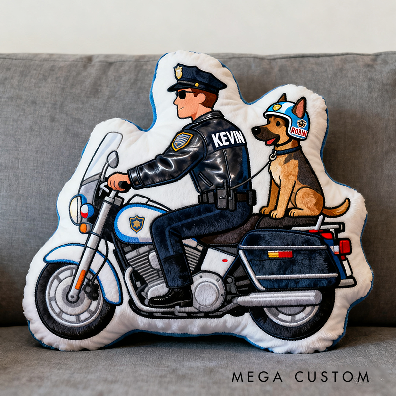 Personalized Police Motorcycle Officer and Dog Plush Pillow Custom Name Graphic 3D Print Pillow 