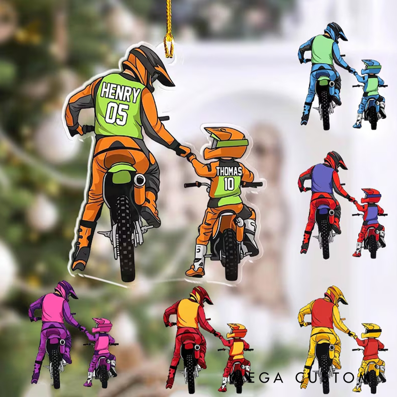 Personalized Motocross Racer Ornament Dad And Kid Motocross Lovers Dirt Biker Flat Ornament Christmas Ornament