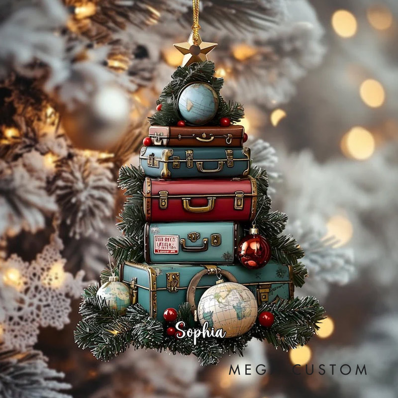 Personalized Travel Suitcase Ornament Acrylic Or Wood Christmas Tree Decor Wanderlust Luggage Stack Gifts for Travel Lovers 
