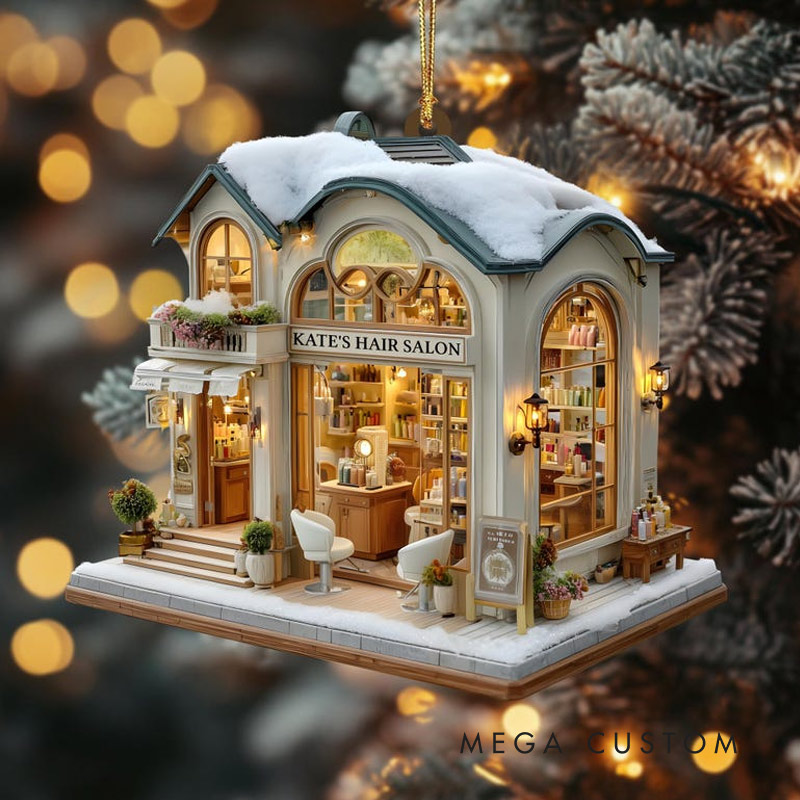 Personalized Hair Salon Stylist Shop with Snowy Roof & Lights Custom Name Year Gift for Her for Him