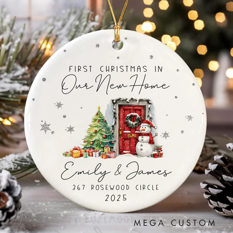 Personalized First Christmas Ornament Custom Names and Address New Home Holiday Decoration Ceramic Keepsake 2025 Festive Gift for Families and Friends