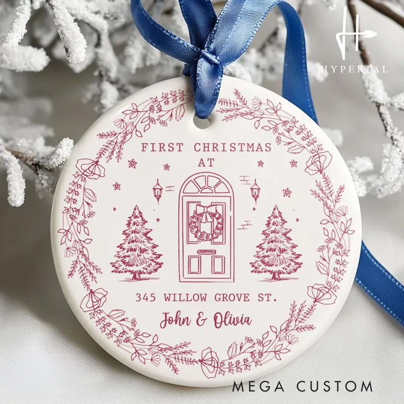 Personalized First Christmas Ornament Custom Names and Address Elegant Ceramic Keepsake Holiday Decoration New Home Gift for Families and Friends