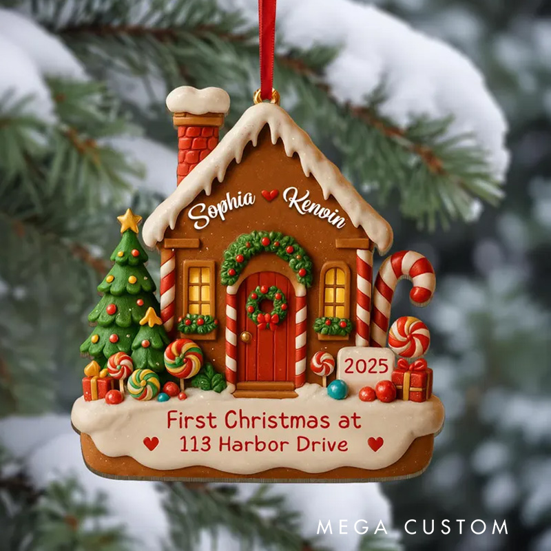 Personalized Gingerbread House Ornament Custom Names and Address First Christmas Keepsake 2025 Festive Holiday Decoration Gift for New Homeowners