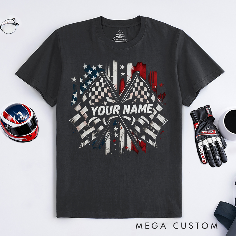 Personalized Racing Flag T-Shirt Custom Name Classic Motorsport Tee with Flag Design for Car Lovers