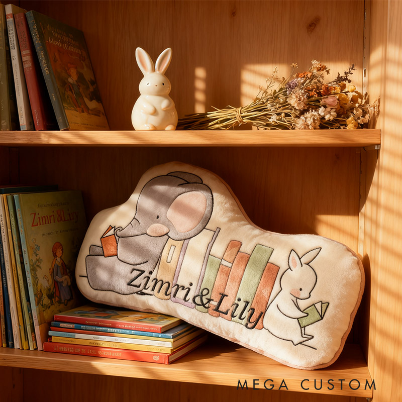 Personalized Elephant and Rabbit Book Buddy Pillow Graphic 3D Print Gift for Reading Lovers