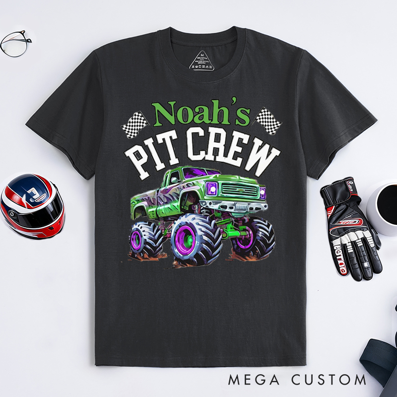 Personalized Monster Truck Pit Crew T‑Shirt Custom Name Classic Racing Tee Family Matching Shirt Car Lover Gift
