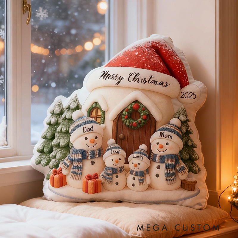 Personalized Christmas Pillow Graphic 3D Print Custom Family Names Cozy Holiday Decor with Snowman Family and Festive House Soft Accent Cushion Gift
