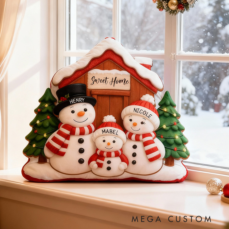 Personalized Holiday Pillow Graphic 3D Print Custom Family Names Cozy Christmas Decor with Snowman Family and Sweet Home Christmas Gifts