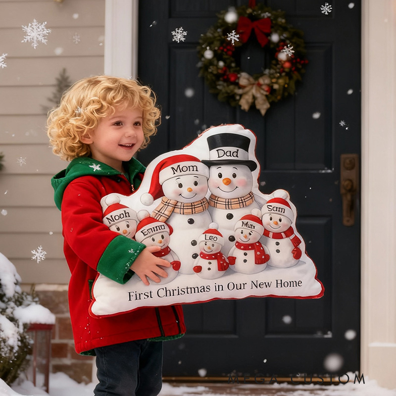 Personalized Family Pillow Graphic 3D Print Custom Names Cozy Holiday Decor with Snowman Family Design Soft Accent Cushion Perfect Gift