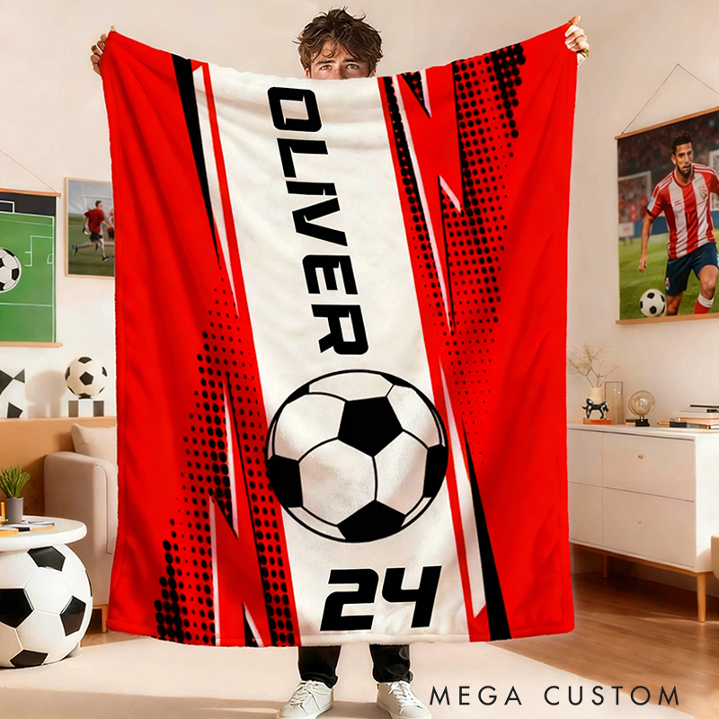 Personalized Soccer Blanket with Custom Name and Jersey Number for Soccer Fans. 