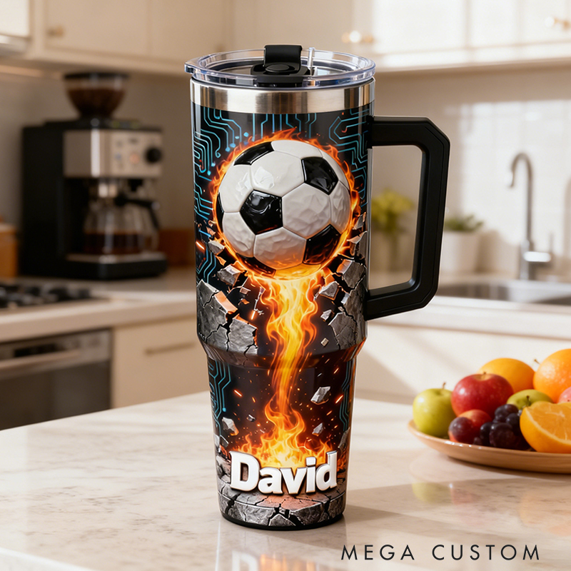 Personalized Soccer Tumbler with Custom Name and Flaming Ball Design for Fans and Athletes