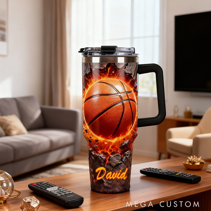 Personalized Basketball Tumbler with Custom Name and Fiery Design for Fans and Players