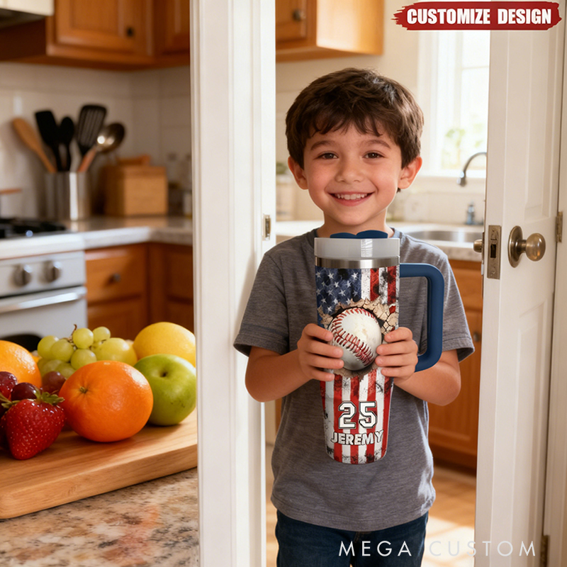 Personalized Baseball Tumbler with Custom Name, Number, and American Flag Design