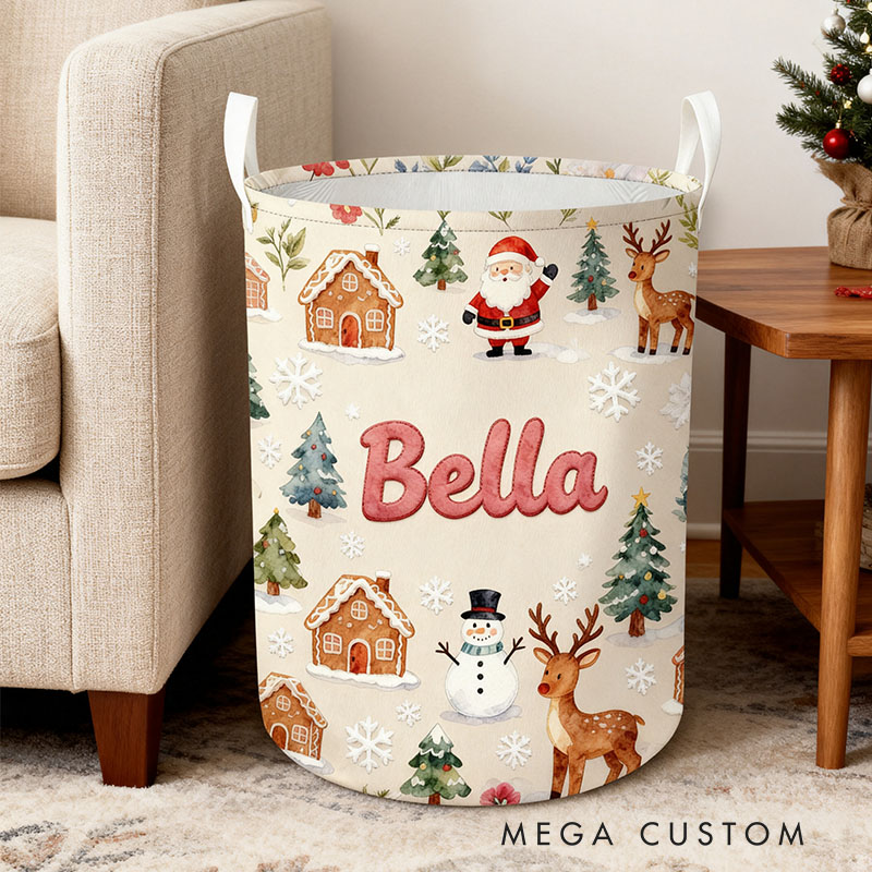 Personalized Christmas Laundry Basket Custom Name Hamper Foldable Storage Bin Durable Organizer For Holiday Decor Kids Playrooms Or Living Rooms