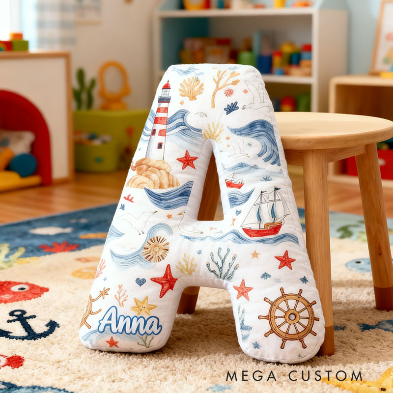 Personalized Letter Shaped Pillow Lighthouse Sailboat Design Perfect Gift for Children Bedrooms Playrooms Or Coastal Home Decor New Beginning Gift
