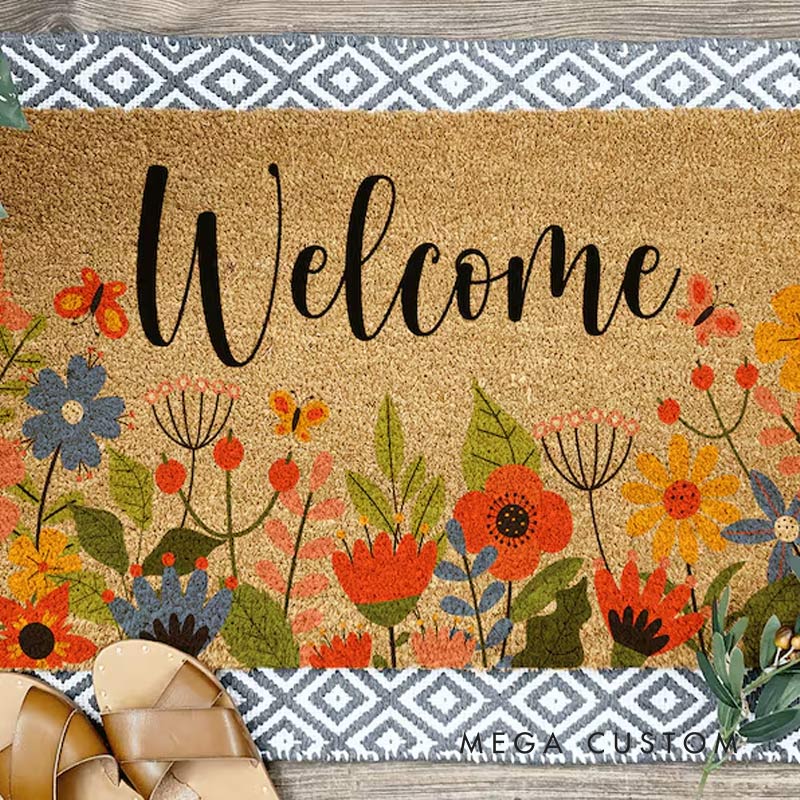 Personalized Floral Welcome Home Doormat Last Name Doormat Custom Door Mats Welcome Doormat for Garden Lovers