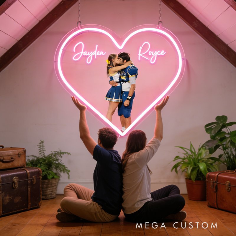 Personalized Football Player Couple Heart Neon Sign with Names and Photo for Romantic Valentine’s Day Decor