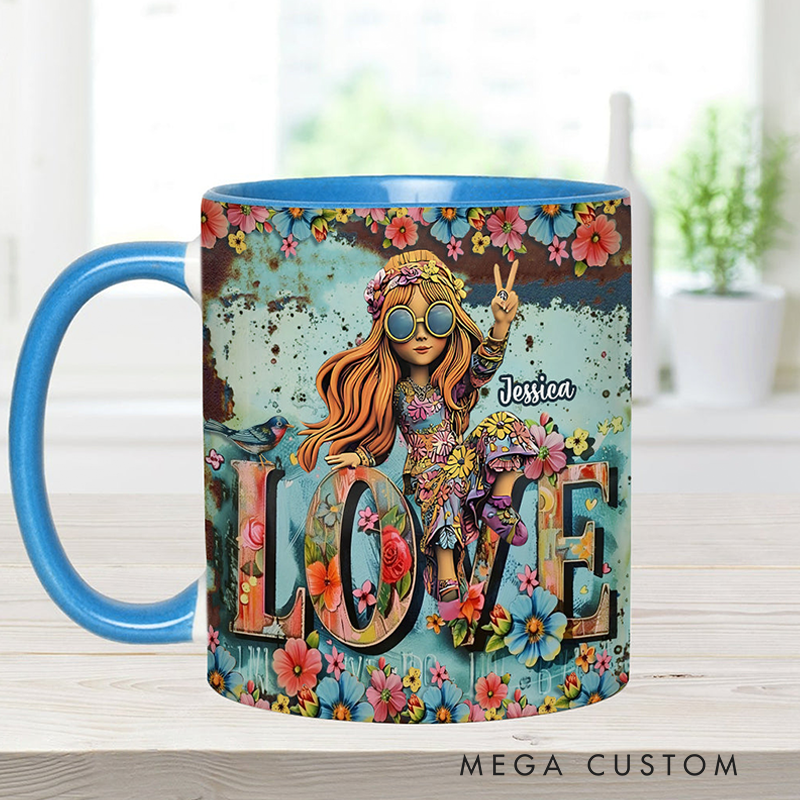 Personalized Hippie Accent Mug Custom Name Hippie Girl Hippie Soul Peace Love Mug for Music Lover Gift