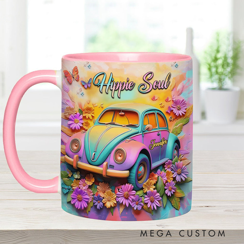 Personalized Hippie Souls Accent Mug Custom Name Colorful Hippie Car Hippie Coffee Mug Bohemian Coffee Mug