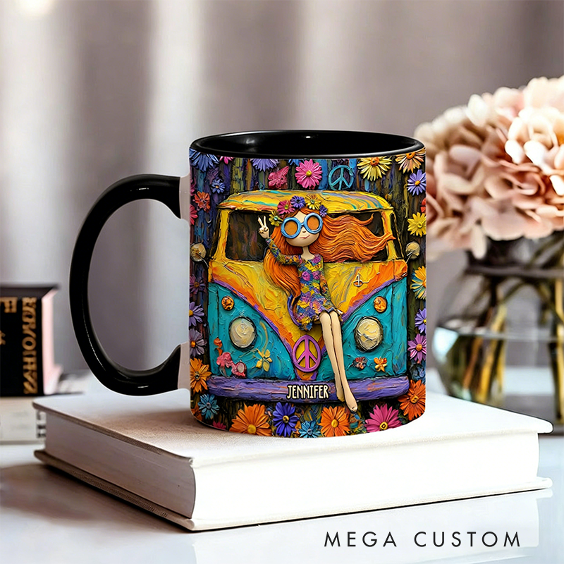 Personalized Hippie Accent Mug Custom Name Hippie Girl and Cars Hippie Soul Peace Love Mug for Music Lover Gift