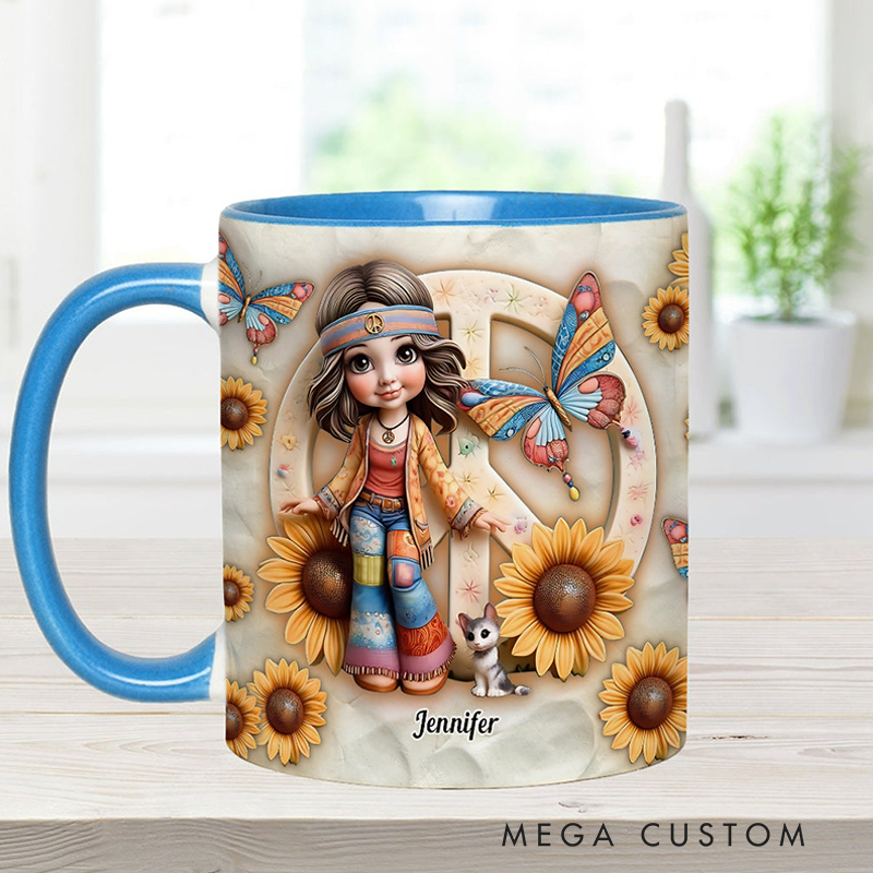 Personalized Hippie Accent Mug Custom Name Hippie Girl Hippie Soul Peace Love Mug for Music Lover Gift
