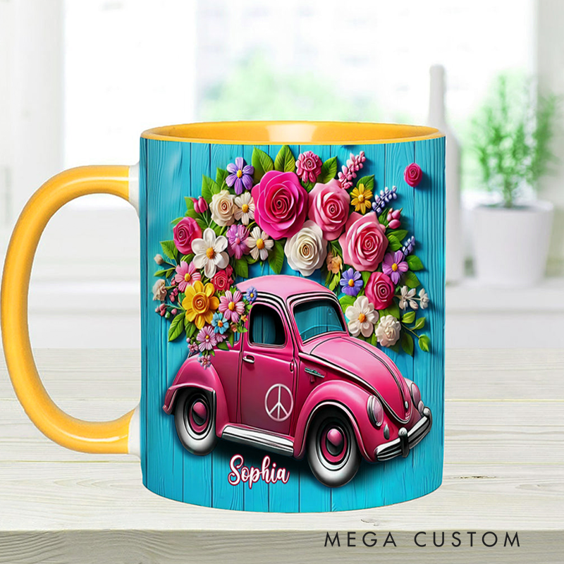Personalized Hippie Accent Mug Custom Name Colorful Hippie Cars Mug for Music Lover Gift