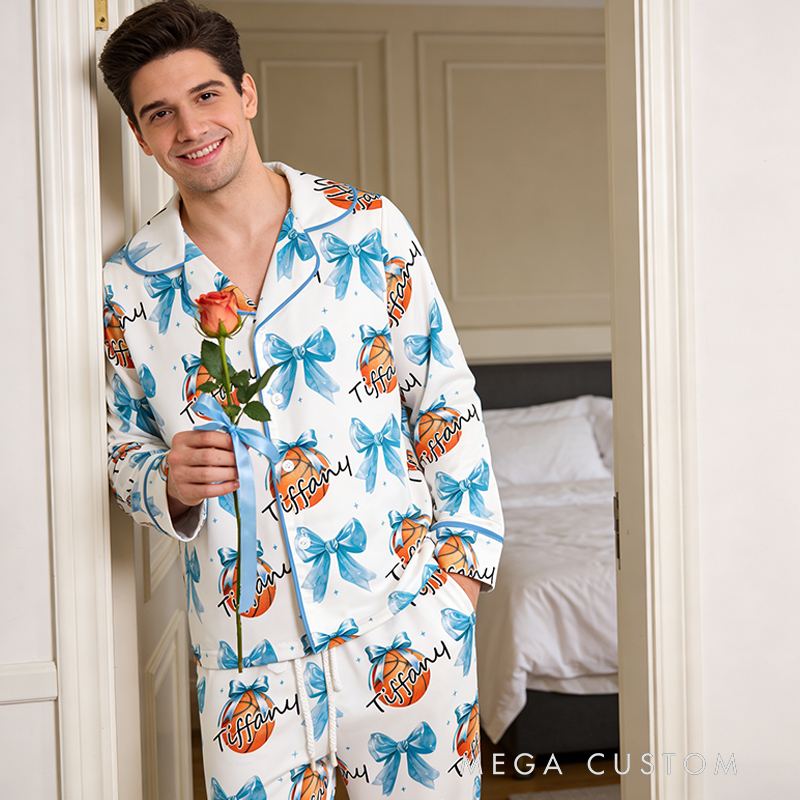 Personalized Couple Basketball Pajamas with Custom Name and Bow Design Gift for Anniversaries Valentine’s Day