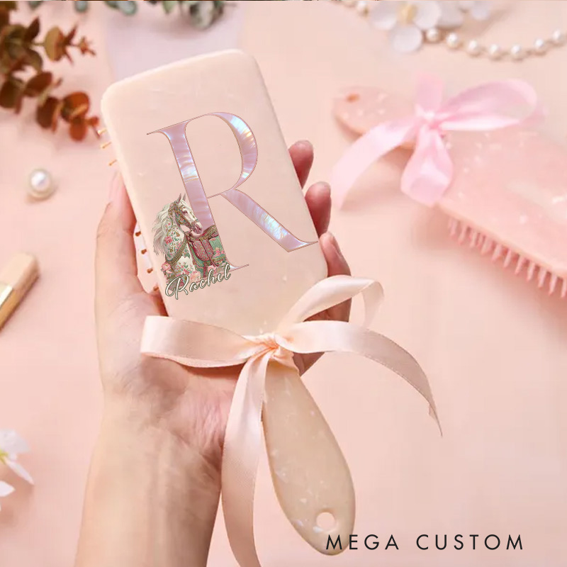 Personalized Horse Riding Initial Name Airbag Comb Hair Comb Pink Airbag Brush Anniversary Gifts for Girls for Horse Lovers Riding Lovers Equestrian Lovers